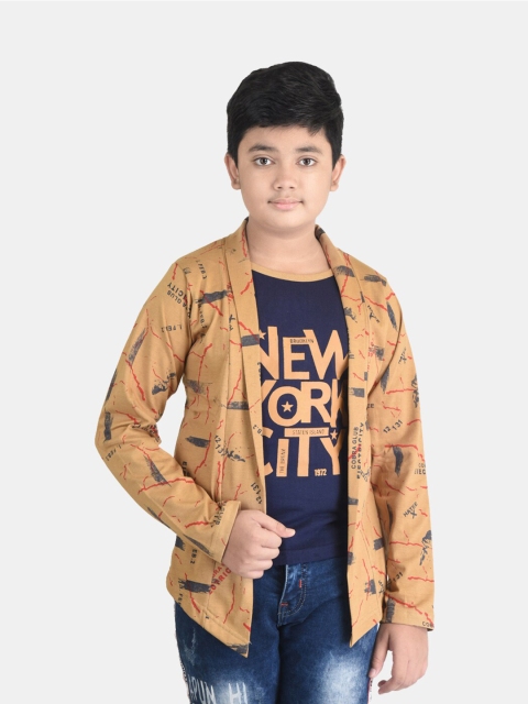 

Fabshio Boys Brown & Navy Blue Typography Printed T-shirt with Attached Shrug