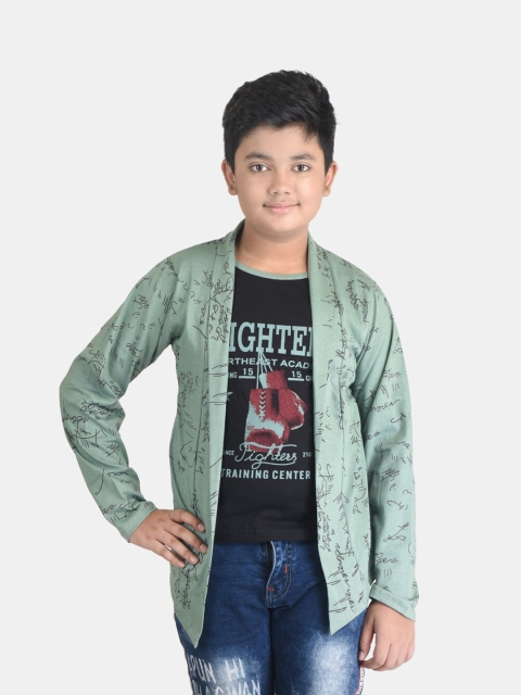 

Fabshio Boys Green Typography Printed T-shirt with Attached Shrug