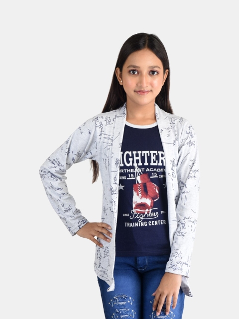 

Fabshio Girls Grey & Navy Blue Typography Printed T-shirt with Attached Shrug