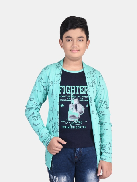 

Fabshio Boys Green Typography Printed T-shirt with Attached Shrug