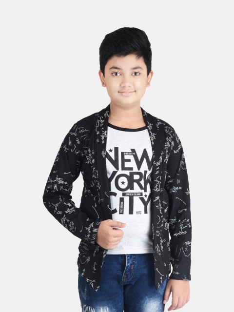 

Fabshio Boys Black Typography Printed T-shirt with Attached Shrug