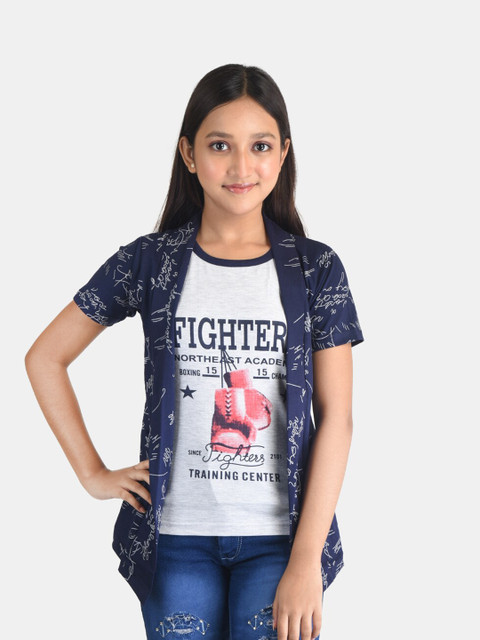 

Fabshio Girls Navy Blue Typography Printed T-shirt with Attached Shrug