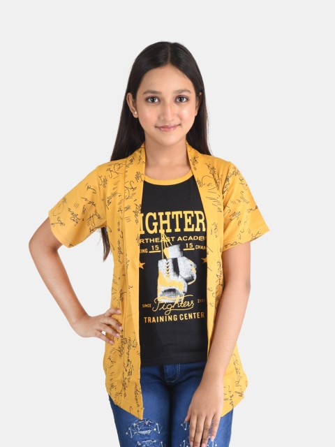 

Fabshio Girls Mustard Yellow Typography Printed T-shirt with Attached Shrug