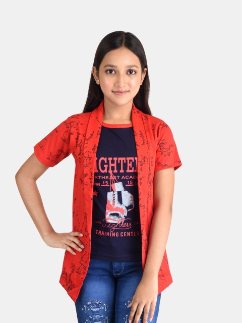 

Fabshio Girls Red Typography Printed T-shirt with Attached Shrug