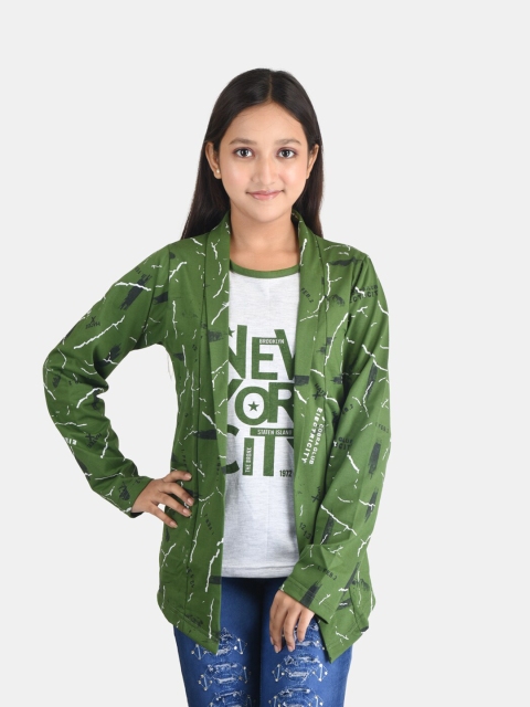 

Fabshio Girls Green Typography Printed T-shirt with Attached Shrug