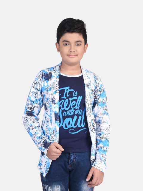 

Fabshio Boys Blue Typography Printed T-shirt with Attached Shrug