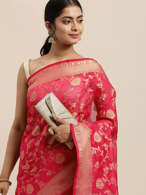

Geroo Jaipur Magenta & Pink Woven Design Zari Silk Cotton Kota Saree