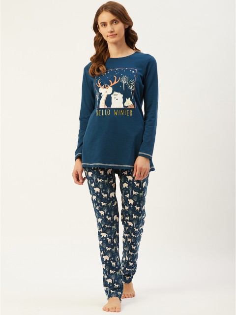 

Sweet Dreams Women Navy Blue & White Printed Night suit