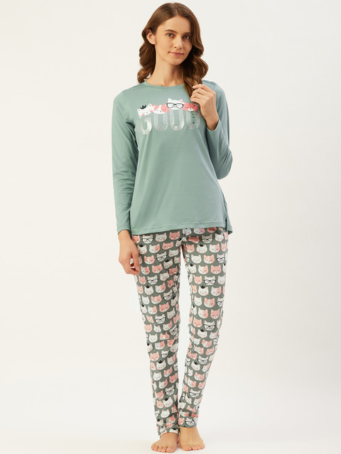 

Sweet Dreams Women Green & White Printed Night suit