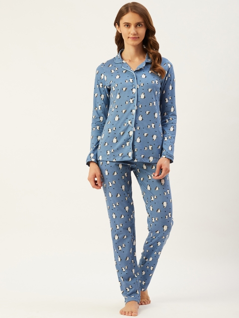 

Sweet Dreams Women Blue & White Printed Pure Cotton Night suit