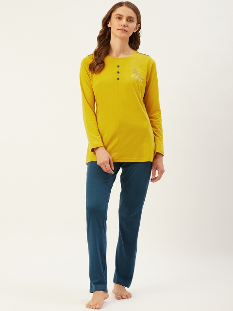 

Sweet Dreams Women Mustard Yellow & Navy Blue Solid Night suit