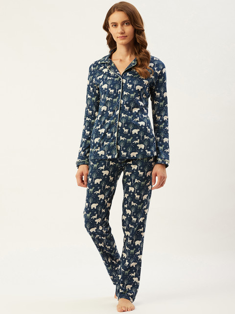 

Sweet Dreams Women Navy Blue & White Printed Pure Cotton Night suit