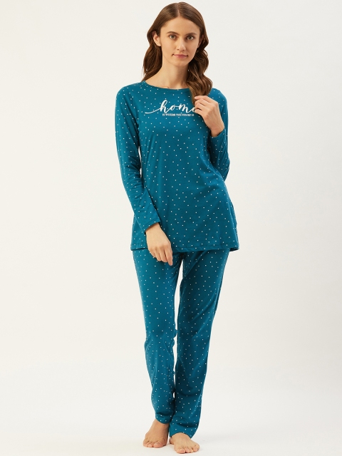 

Sweet Dreams Women Teal Blue & White Printed Pure Cotton Night suit