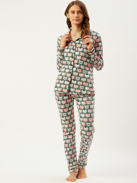 

Sweet Dreams Women Green & White Printed Pure Cotton Night suit