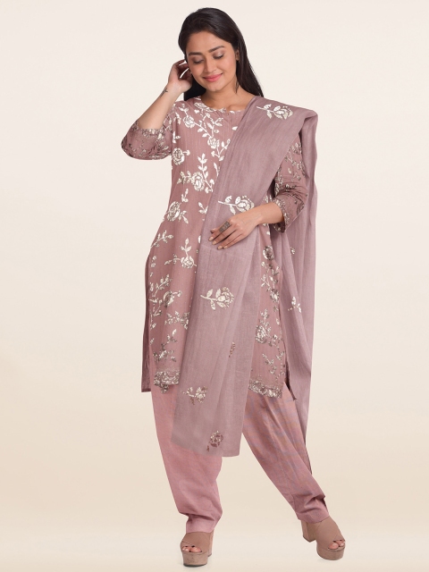 

Pothys Peach-Coloured & Silver-Toned Embellished Unstitched Dress Material