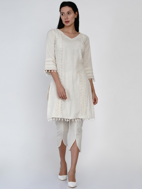 

FABNEST Women Off White Embroidered Angrakha Pure Cotton Kurta with Churidar & With Dupatta