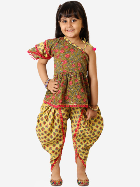 

KID1 Girls Green and Yellow Floral Printed Pure Cotton Kurti with Dhoti Pants