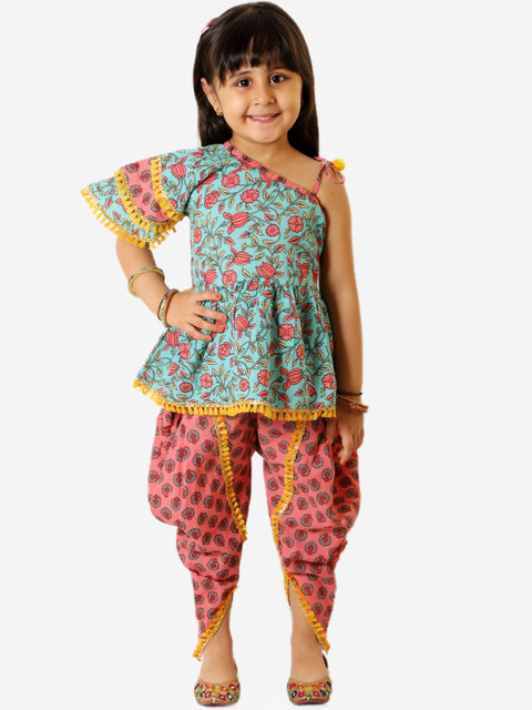 

KID1 Girls Turquoise Blue and Pink Floral Printed Pure Cotton Kurti with Dhoti Pants