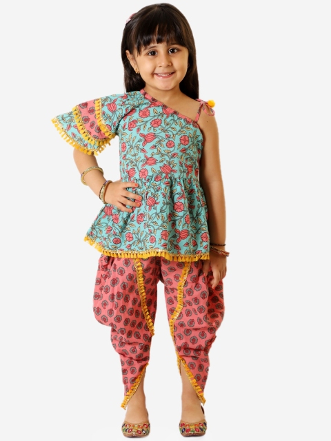 

KID1 Girls Turquoise Blue and Pink Floral Printed Pure Cotton Kurti with Dhoti Pants