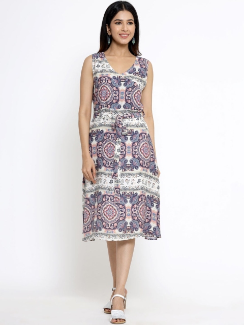 

DIVYANK Women Multicoloured & White Printed Tie-Ups Midi Dress, Multi
