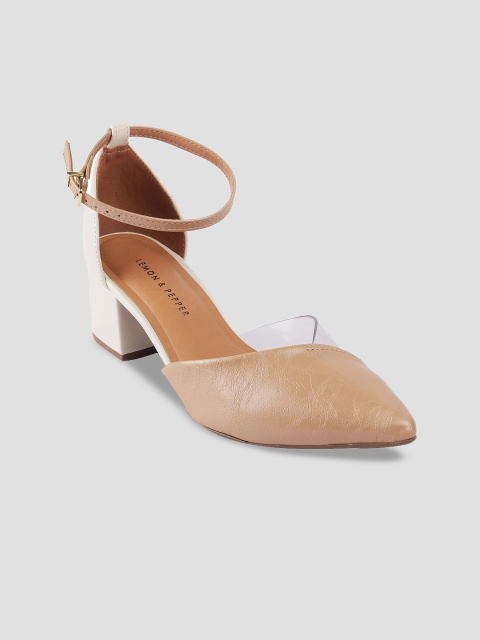 

LEMON & PEPPER Beige & White Colourblocked Block Pumps with Ankle Loop