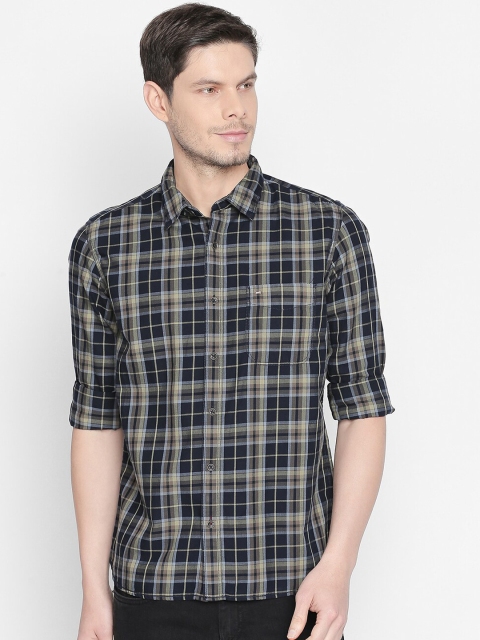 

Basics Men Khaki and Black Slim Fit Checked Casual Shirt