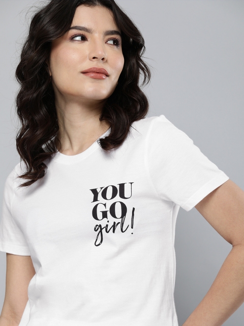 

Mast & Harbour Women White Typography Printed Pure Cotton T-shirt