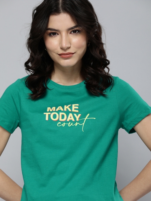 

Mast & Harbour Women Teal Green Typography Printed Pure Cotton T-shirt