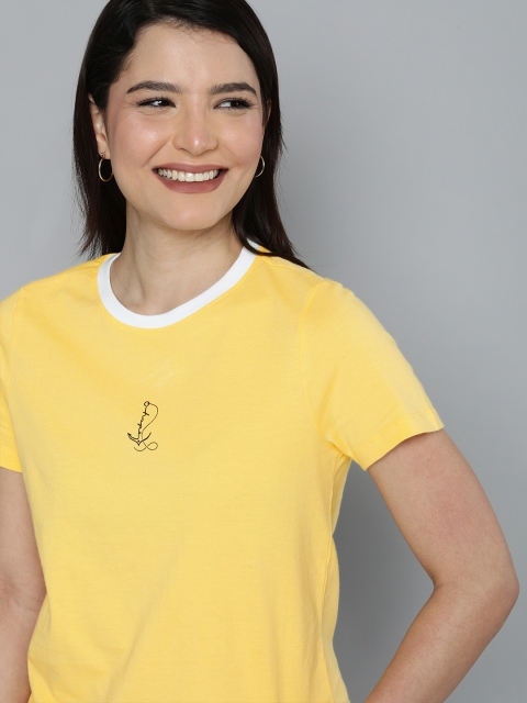 

Mast & Harbour Women Yellow Contrast Neckline T-shirt with Printed Detailing