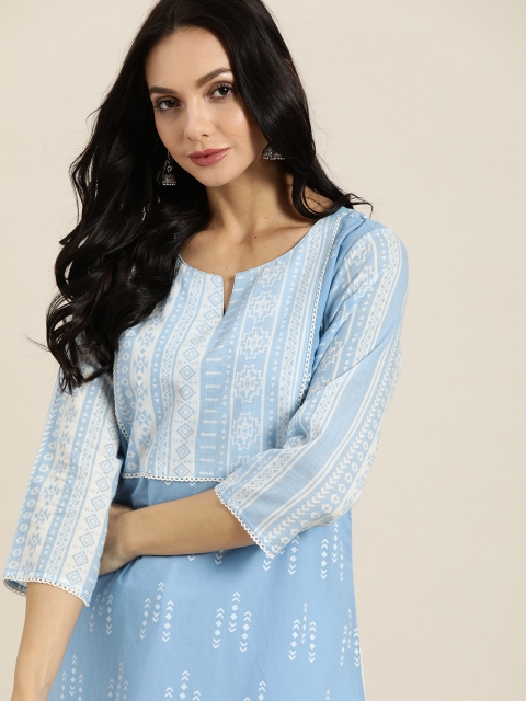 

Moda Rapido Women Blue & White Ethnic Motifs Printed Thread Work Cotton Straight Kurta