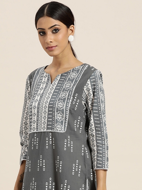 

Moda Rapido Women Grey & White Pure Cotton Geometric Printed Kurta