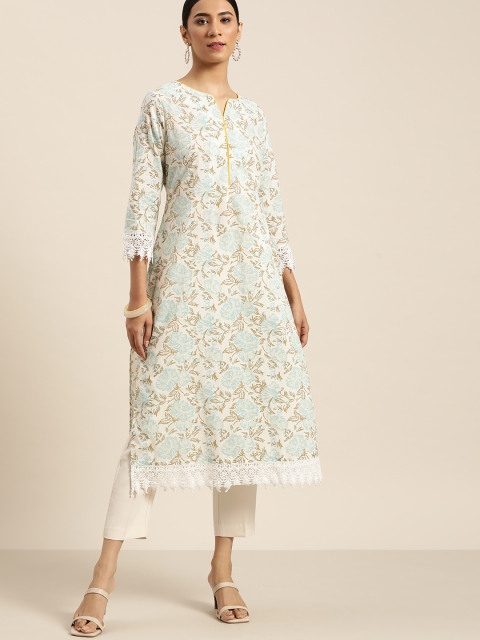 

Moda Rapido Women Off-White & Blue Ethnic Motifs Print Cotton Straight Kurta