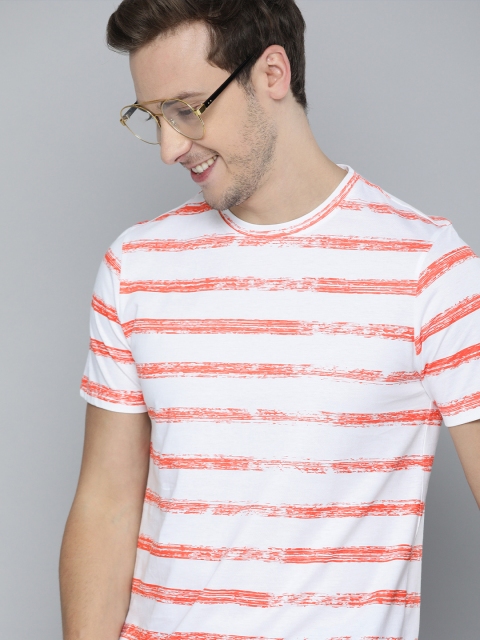 

Mast Harbour Men White Orange Striped Pure Cotton T-shirt
