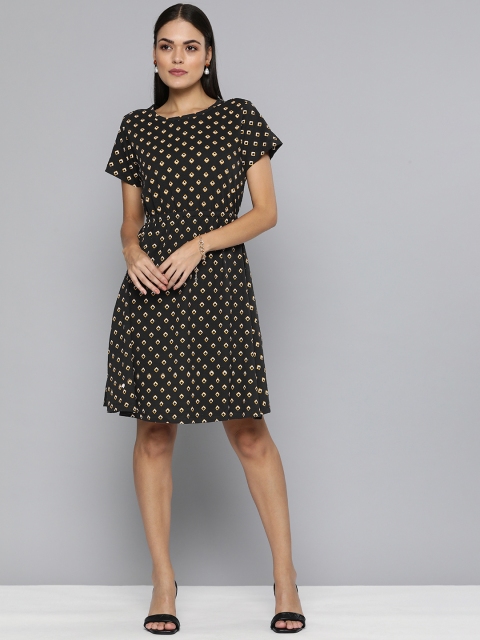 

Chemistry Black & Mustard Yellow Printed Pure Cotton Fit and Flare Dress