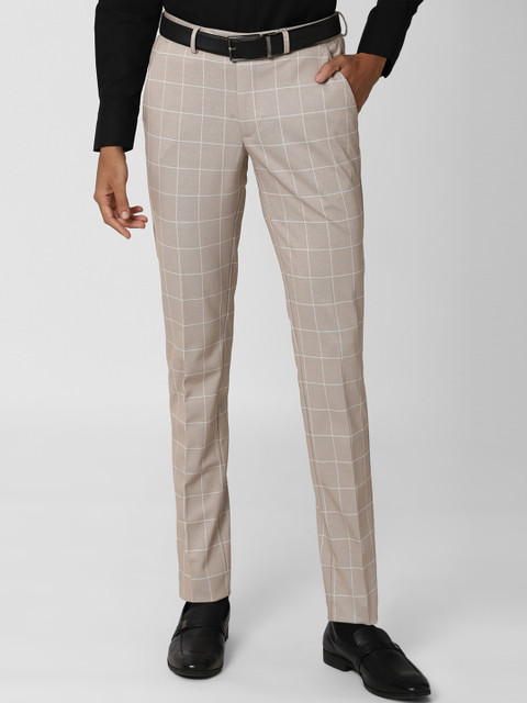 

Peter England Men Beige & White Checked Slim Fit Formal Trousers