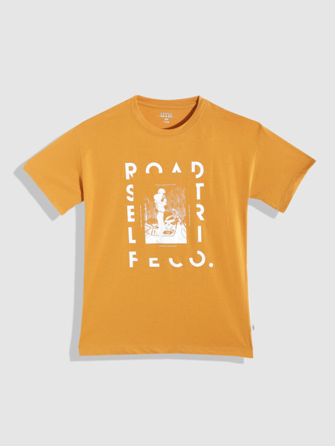 

UTH by Roadster Girls Mustard Yellow & White Typography Printed Pure Cotton T-shirt