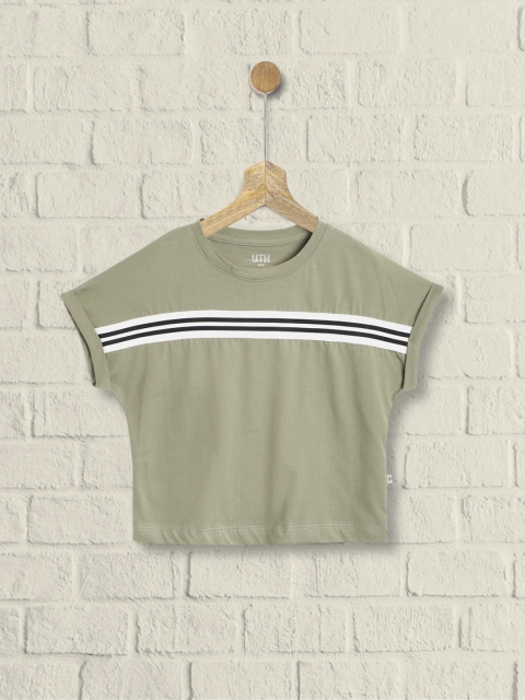 

UTH by Roadster Girls Olive Green & White Cotton Striped Extended Sleeves Crop T-shirt