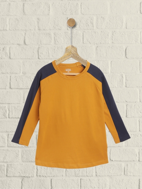 

UTH by Roadster Girls Mustard Yellow & Navy Blue Pure Cotton Solid T-shirt