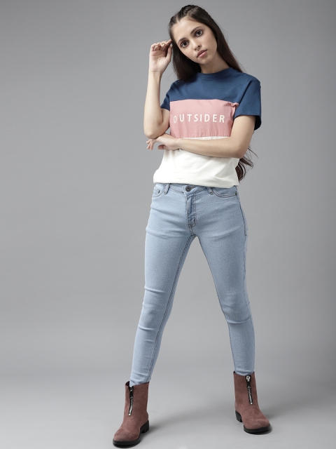 

UTH by Roadster Girls Navy Blue & Pink Pure Cotton Colourblocked T-shirt