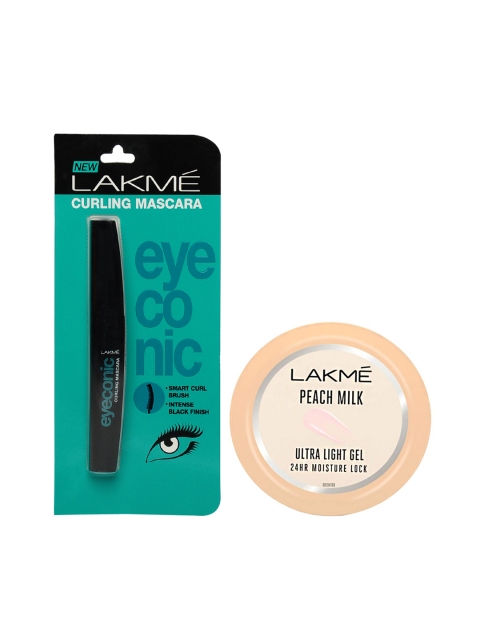 

Lakme Set of Eyeconic Curling Mascara & Peach Milk Ultra Light Face Gel, Black