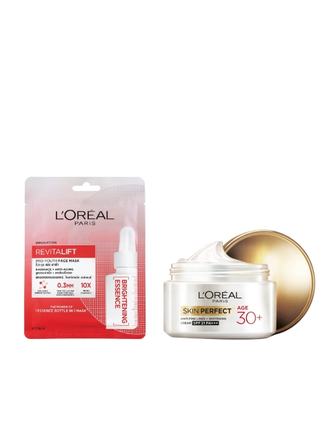 

LOreal Set of Revitalift Pro Face Sheet Mask & Anti-Fine Lines Whitening SPF 21 Cream, White