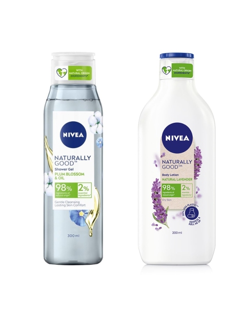 

Nivea Set of Naturally Good Plum Blossom & Oil Shower Gel & Lavender Body Lotion, White