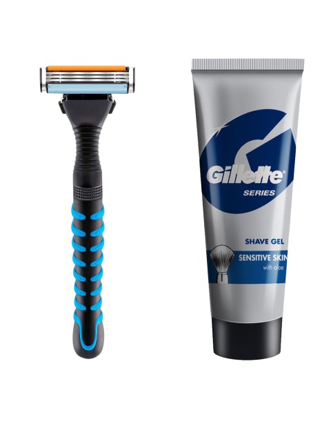 

Gillette Men Sensitive Skin with Aloe Shave Gel & Vector 3 Shaving Razor Set, Blue