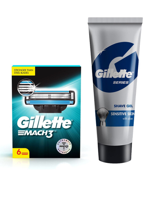 

Gillette Set of 6 Mach 3 Shaving Blade Cartridges & Sensitive Skin with Aloe Shave Gel 60g, Grey