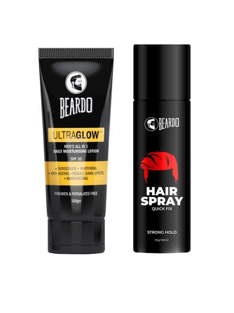 

BEARDO Strong Hold Hair Spray & Ultraglow Daily Moisturising Lotion Set, Black