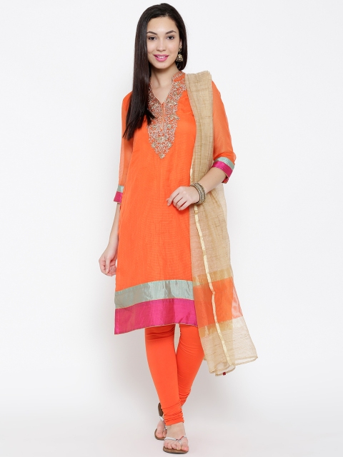 

BIBA Orange Embroidered Churidar Kurta with Dupatta