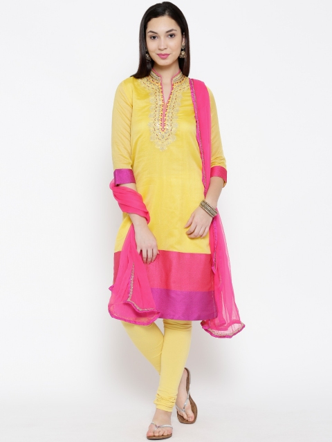 

BIBA Yellow Embroidered Churidar Kurta with Dupatta