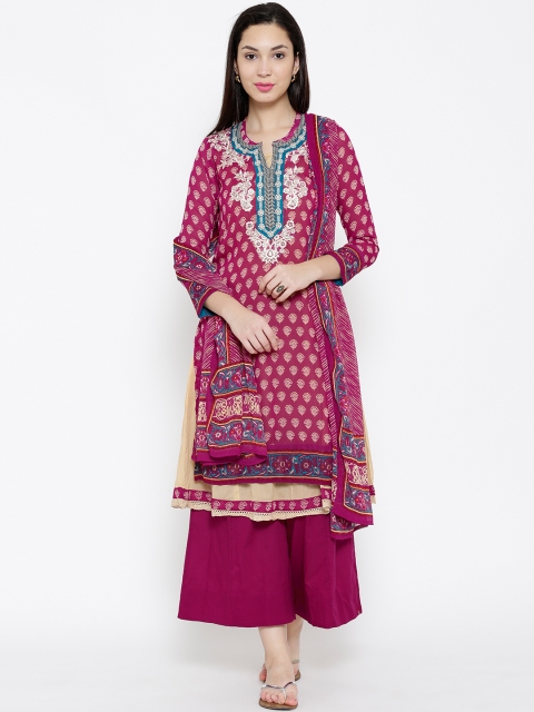 

Biba Magenta Embroidered Printed Kurta with Palazzo Trousers & Dupatta