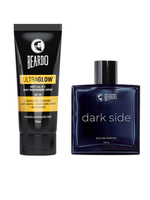 

BEARDO Set of Ultraglow Daily Moisturising Lotion with SPF 30 & Dark Side Eau De Parfum, Navy blue