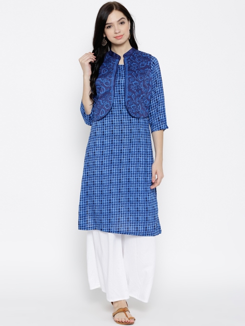 

Biba Women Blue Printed Straight Kurta with Ethnic Jacket